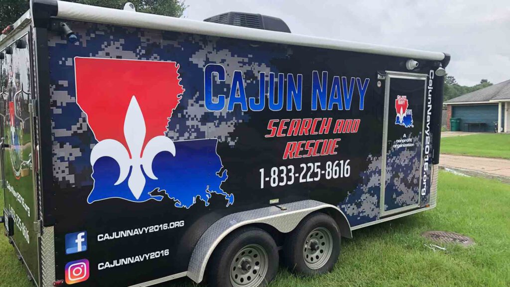 side view of cajun navy 2016 pinnacle search and rescue enclosed trailer